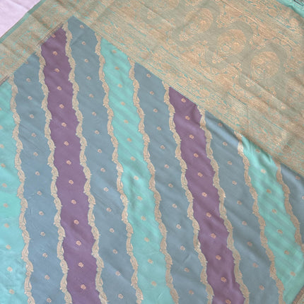 Banarasi Rangkat Silk Saree |Stripes small motif weaving all over | Light Pista/Light Lavender intricate border| fall pico tassels done