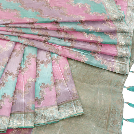 Banarasi satin silk saree  with Rangkat weaving all over the saree paired with satin silk blouse|Pista pink lavender