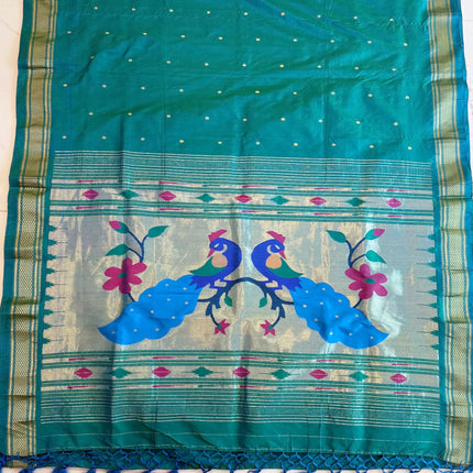 Authentic Maharani Paithani from Yeola| 100% handwoven Pure Silk saree in Seagreen  with light Rama border|Silk Mark Certified