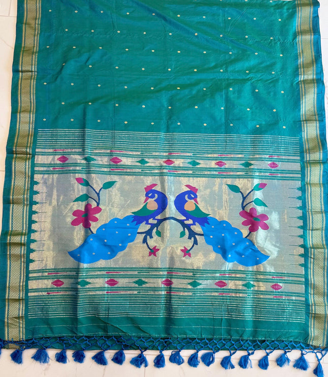 Authentic Maharani Paithani from Yeola| 100% handwoven Pure Silk saree in Seagreen  with light Rama border|Silk Mark Certified