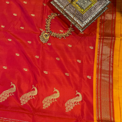 Authentic Paithani from Yeola | 100% handwoven Pure Silk saree |Light Orange|Dual shade|Yellow Border|Silk Mark Certified