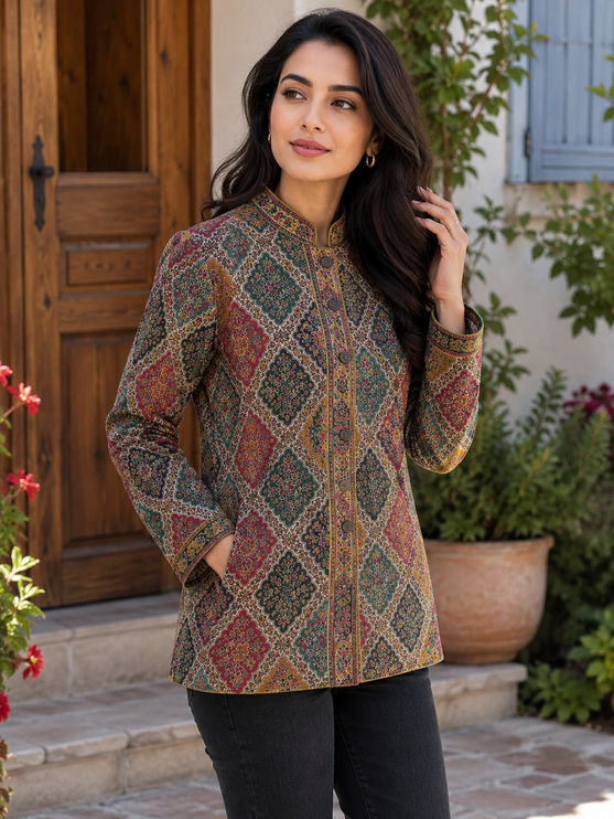 Kani Jamawar Wool, silk Jacket | Kashmir Paisley Artwear Multiple Size-40