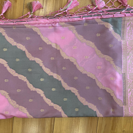 Banarasi Rangkat Silk Saree |Stripes small motif weaving all over Pink/Grey/Light Lavender intricate border| fall pico tassels done