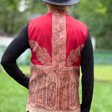 Kani pashmina Jamawar  MENS WOVEN Paisley waistcoats, structured slim fit |Red  foundation | Statement fashion wear| size 44,46,48