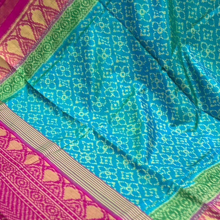 Handloom Rajkot Patol silk saree  with pure silk weaving sareepaired with running silk blouse l  Firozi blue/Magenta pink
