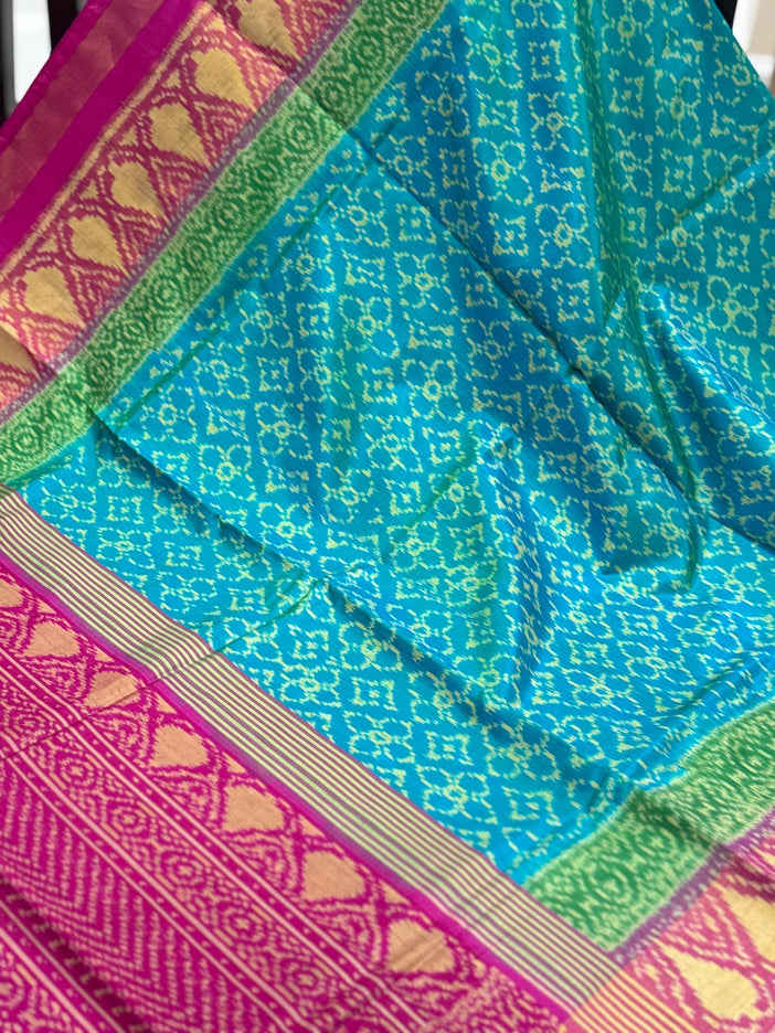 Handloom Rajkot Patol silk saree  with pure silk weaving sareepaired with running silk blouse l  Firozi blue/Magenta pink