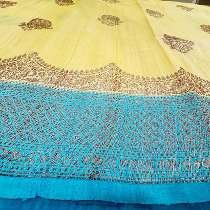 Pure Banarasi Kaduwa Tussar Silk Saree | Motifs weaving and Lemon with Sky blue  border | Hand Woven | Lock weaving| Silk Mark certified