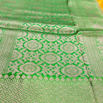 Pure Banarasi Kaduwa Silk Saree | Motifs weaving and bright yellow/light Pista  border | Hand Woven | Lock weaving| Silk Mark certified