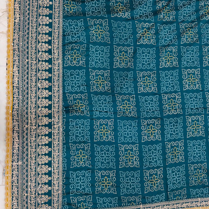 Bandhani silk saree|Embroidered  handwork Saree/ embroidery all over Saree/ Rama color with  Yellow border /fall pico done