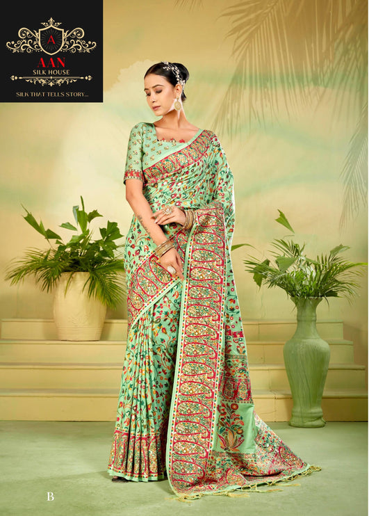 Kashmiri Kalamkari Saree on Premium quality Tussar Silk|Painting with weaving all over |Pista with multicolor floral |Fall Pico tassels done