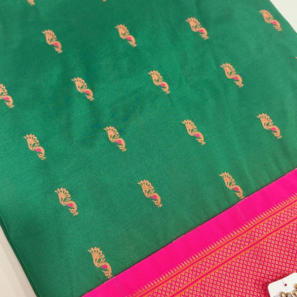 Paithani from Yeola |  Semi Silk saree |Green |Rani/Magenta Border|