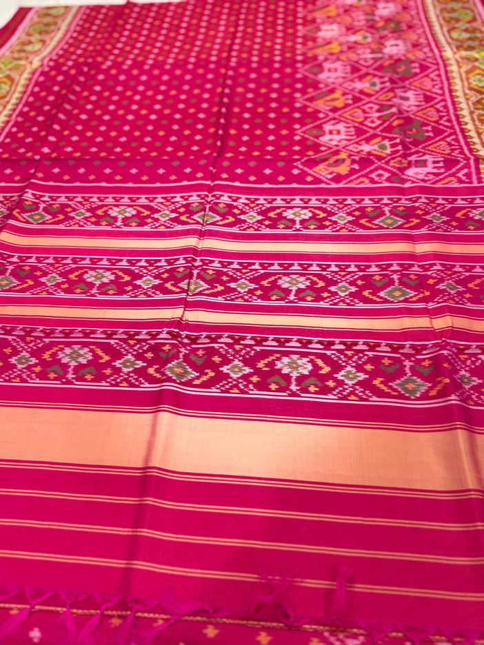 Handloom Designer Rajkot Patol silk saree  with pure silk weaving sareepaired with running silk blouse l  Magenta pink