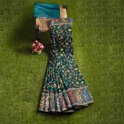 Kashmiri Kalamkari Saree on Premium quality Cotton Silk|Painting with weaving all over |bottl with multicolor floral|Fall Pico tassels done