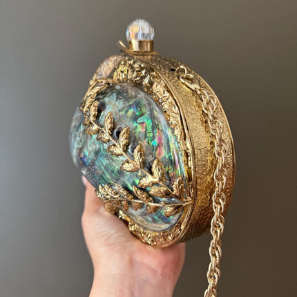 Luxury Abalone Shell & Gold Clutch | Elegant Mother of Pearl Handbag | Unique Statement Evening Bag with Chain