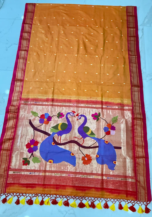Authentic Maharani Paithani from Yeola| 100% handwoven Pure Silk saree in yellow  with Rani Pink border|Silk Mark Certified