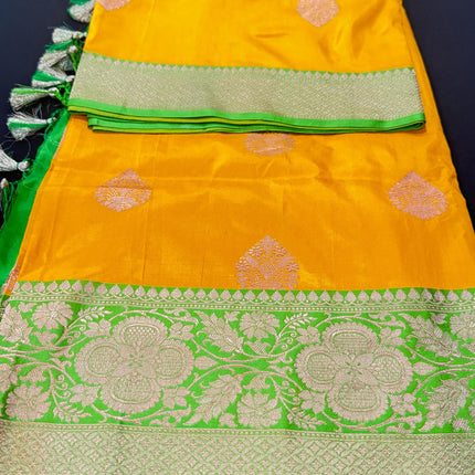 Pure Banarasi Kaduwa Silk Saree | Motifs weaving and bright yellow/light Pista  border | Hand Woven | Lock weaving| Silk Mark certified