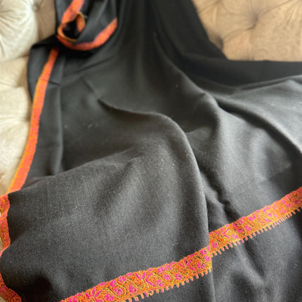 Premium Pashmina Shawl with Intricate Border with fine hand embroidery|Very Soft| 100% Pure Pashmina Handmade Shawl | black
