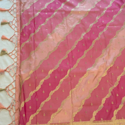 Banarasi Rangkat Silk Saree |Stripes/ small motif weaving all over the saree | Fuschia pink/Light pink/Light golden intricate border