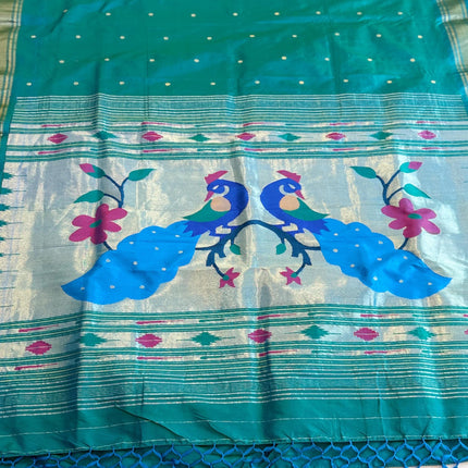 Authentic Maharani Paithani from Yeola| 100% handwoven Pure Silk saree in Seagreen  with light Rama border|Silk Mark Certified