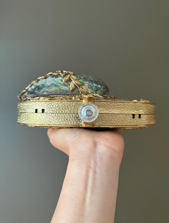 Luxury Abalone Shell & Gold Clutch | Elegant Mother of Pearl Handbag | Unique Statement Evening Bag with Chain