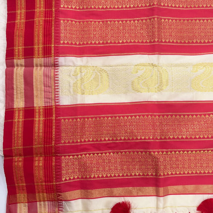 Original Narayan Peth Silk Saree from Yeola(With Unstitched Blouse Piece) - Pearle white | Carrot Red Border Pallu