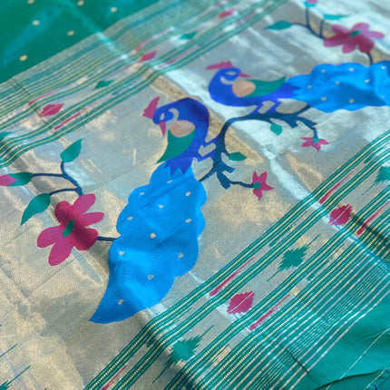 Authentic Maharani Paithani from Yeola| 100% handwoven Pure Silk saree in Seagreen  with light Rama border|Silk Mark Certified