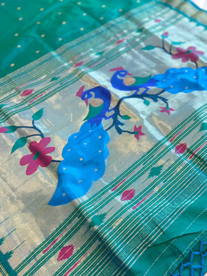 Authentic Maharani Paithani from Yeola| 100% handwoven Pure Silk saree in Seagreen  with light Rama border|Silk Mark Certified