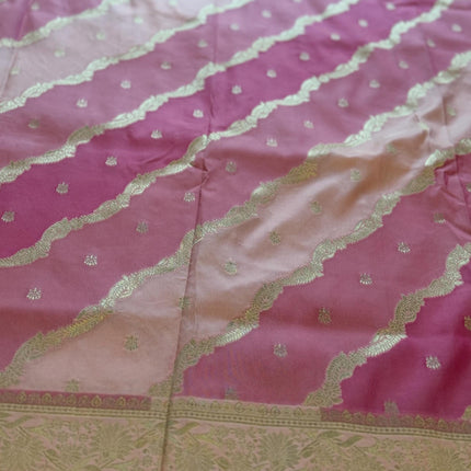 Banarasi Rangkat Silk Saree |Stripes/ small motif weaving all over the saree | Fuschia pink/Light pink/Light golden intricate border