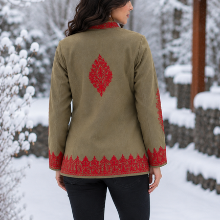 Short hand Sozni embroidered | Luxury wool Jacket | Tan and Red | Size 42