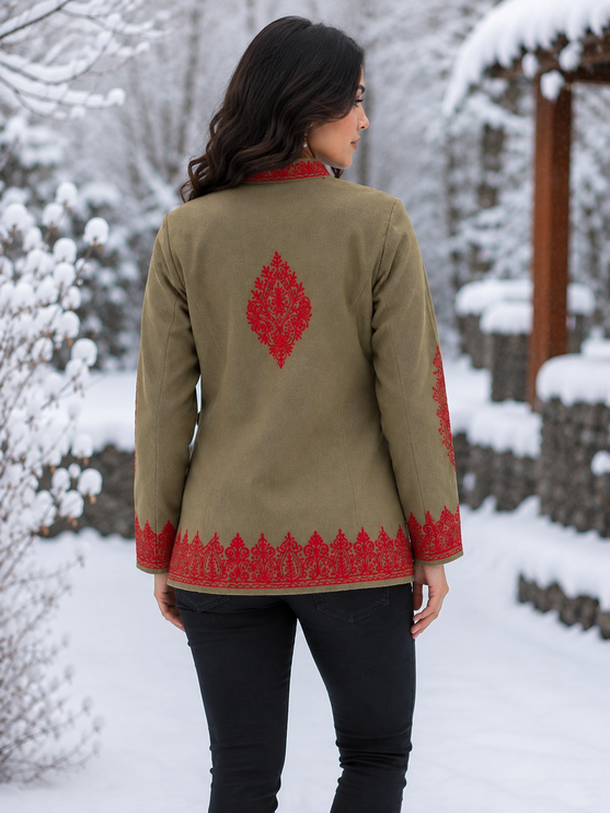 Short hand Sozni embroidered | Luxury wool Jacket | Tan and Red | Size 42