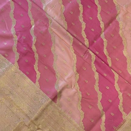 Banarasi Rangkat Silk Saree |Stripes/ small motif weaving all over the saree | Fuschia pink/Light pink/Light golden intricate border