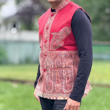Kani pashmina Jamawar  MENS WOVEN Paisley waistcoats, structured slim fit |Red  foundation | Statement fashion wear| size 44,46,48