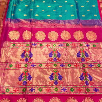 Authentic Kadiyal  Paithani from Yeola| Pure Silk saree in with Duel Rama/ Seagreen  Magenta border with Gold  border|Silk Mark Certified