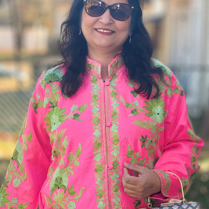 Luxury Aari /Tussar Silk Ladies long Jacket | woven Kashmir Artwear | Statement fashion wear | Kashmir Winter Dresses|kneee length| size 42