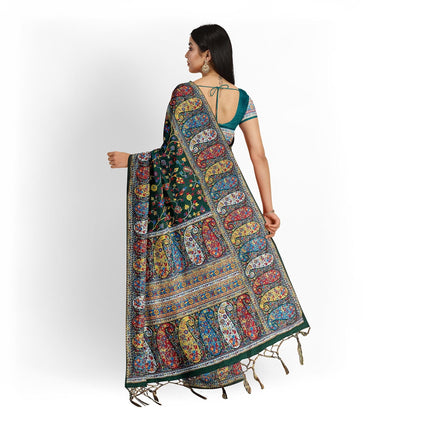 Kashmiri Kalamkari Saree on Premium quality Cotton Silk|Painting with weaving all over |bottl with multicolor floral|Fall Pico tassels done