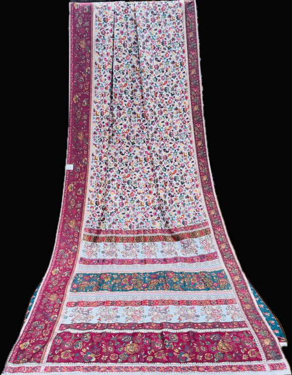 KASHMIRI KALAMKARI Full Handloom embroidered Pashmina Silk Saree - Authentic Kashmiri Kalamkari work - Ivory/ Maroon