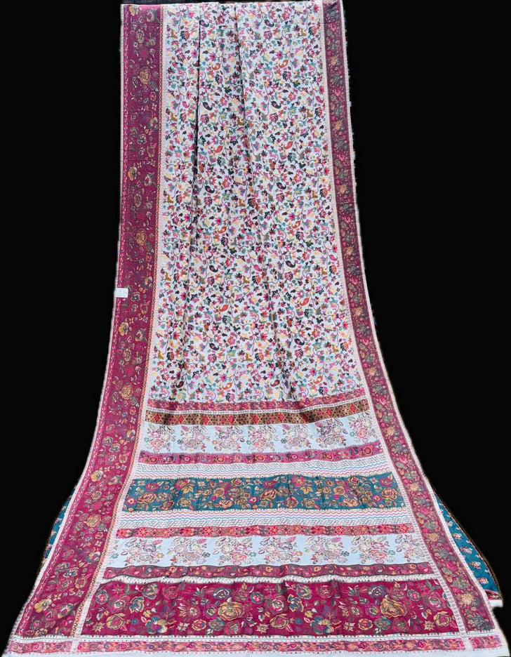 KASHMIRI KALAMKARI Full Handloom embroidered Pashmina Silk Saree - Authentic Kashmiri Kalamkari work - Ivory/ Maroon