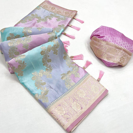 Handloom Banarasi satin silk saree  with Rangkat handloom weaving all over the saree | paired with satin silk blouse | Pink Powder Blue Gray