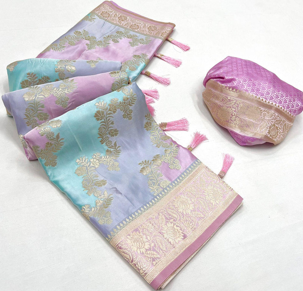 Handloom Banarasi satin silk saree  with Rangkat handloom weaving all over the saree | paired with satin silk blouse | Pink Powder Blue Gray