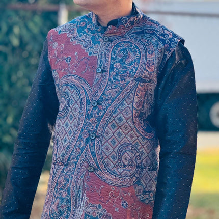 Kani Jamawar  MENS WOVEN JACQUARD waistcoats, structured slim fit, bluish green chocolate | Statement fashion wear| size 40,44