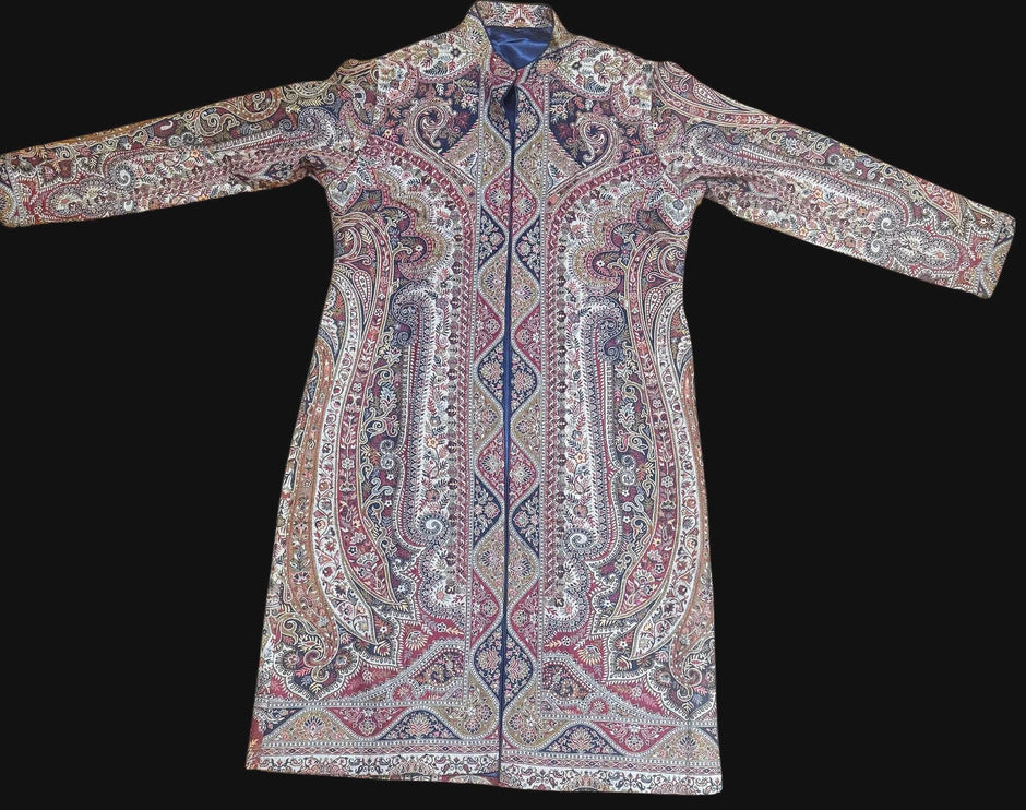 Luxury Kani/Jamawar  Wool Ladies long Jacket | woven Kashmir Artwear | Statement fashion wear | Kashmir Winter Dresses|kneee length| size 42