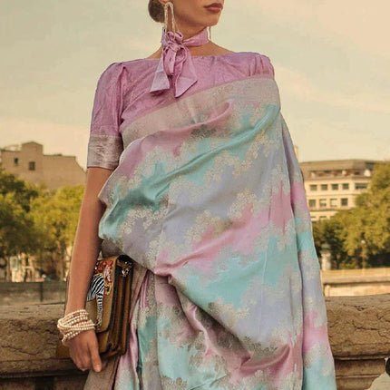 Handloom Banarasi satin silk saree  with Rangkat handloom weaving all over the saree | paired with satin silk blouse | Pink Powder Blue Gray