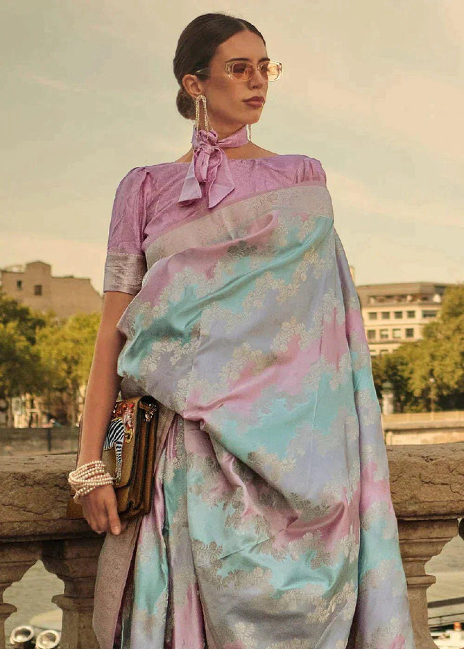 Handloom Banarasi satin silk saree  with Rangkat handloom weaving all over the saree | paired with satin silk blouse | Pink Powder Blue Gray