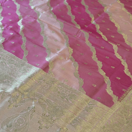 Banarasi Rangkat Silk Saree |Stripes/ small motif weaving all over the saree | Fuschia pink/Light pink/Light golden intricate border