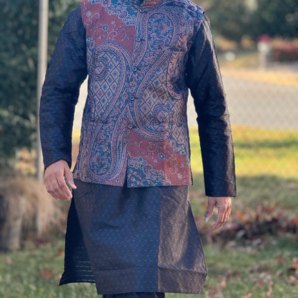 Kani Jamawar  MENS WOVEN JACQUARD waistcoats, structured slim fit, bluish green chocolate | Statement fashion wear| size 40,44