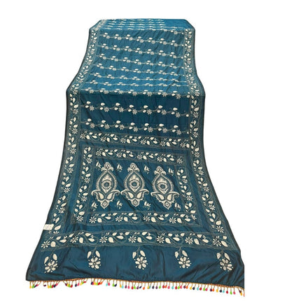 Hand Stitched Kantha Silk Saree | White Thread Kantha stitching | Village Art Work allover | Fall Pico Tassels done
