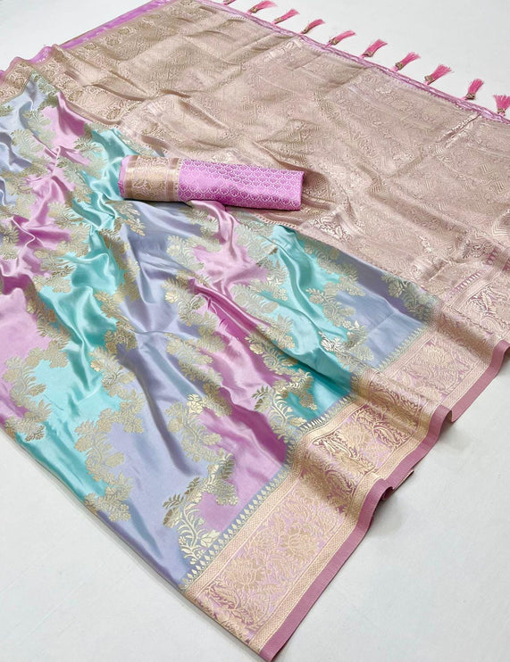 Banarasi satin silk saree  with Rangkat handloom weaving all over the saree | paired with satin silk blouse | Pink Powder Blue Gray