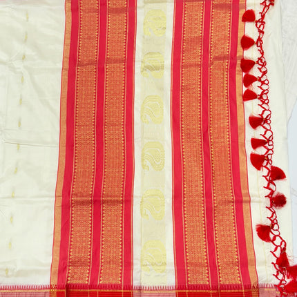 Original Narayan Peth Silk Saree from Yeola(With Unstitched Blouse Piece) - Pearle white | Carrot Red Border Pallu