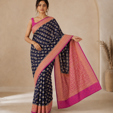 Banarasi Khaddi Georgette Saree: 3D Zari Butta, Deep Blue & Pink