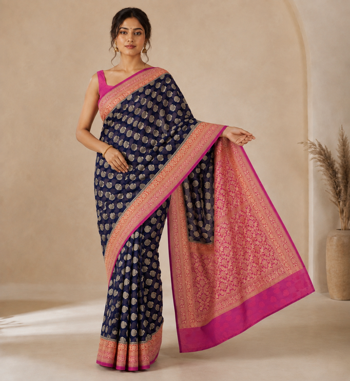 Banarasi Khaddi Georgette Saree: 3D Zari Butta, Deep Blue & Pink